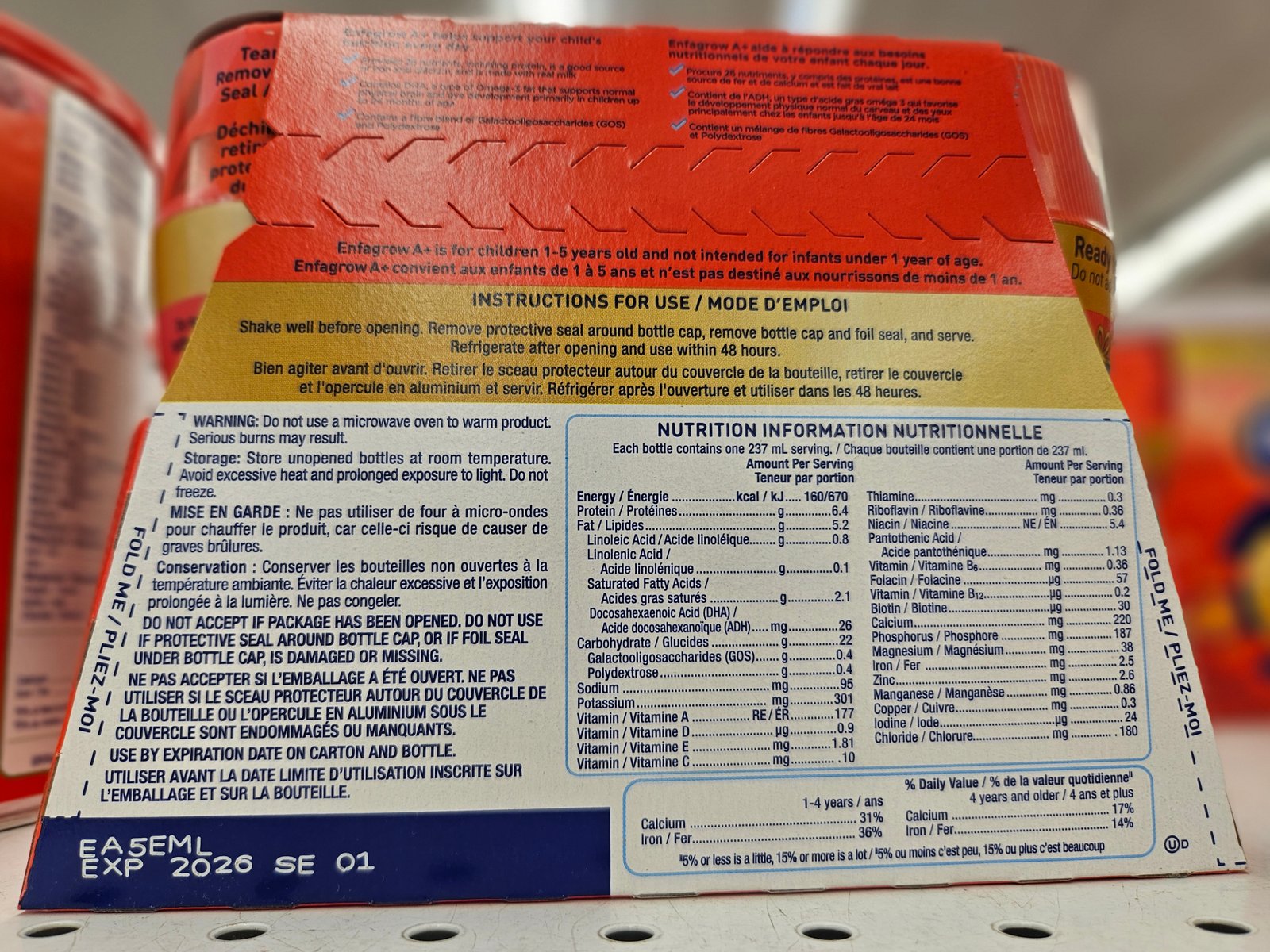 Enfagrow A+ ready-to-drink nutrition information