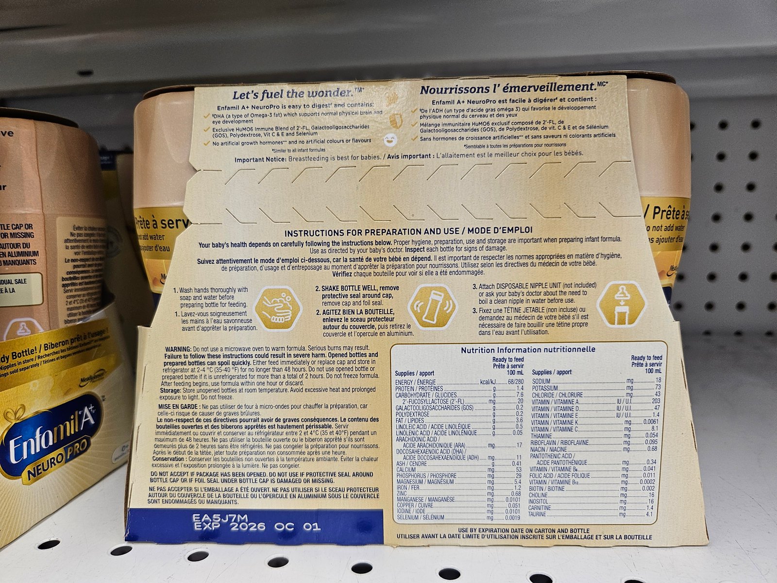Enfamil A+ NeuroPro ready-to-feed six-pack nutrition information