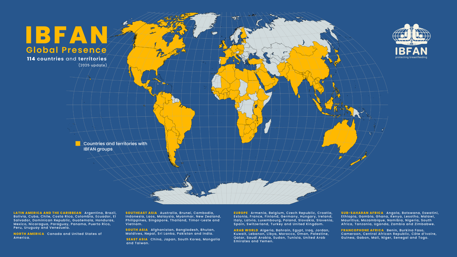 IBFAN Global Presence map showing 114 countries and territories with IBFAN groups worldwide